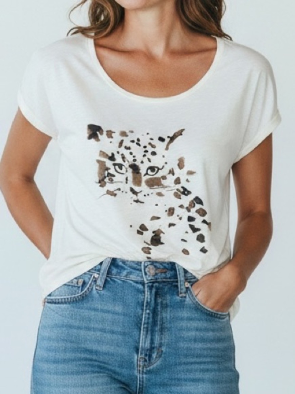LOFT Cream Leopard Print Scoop Neck Tee